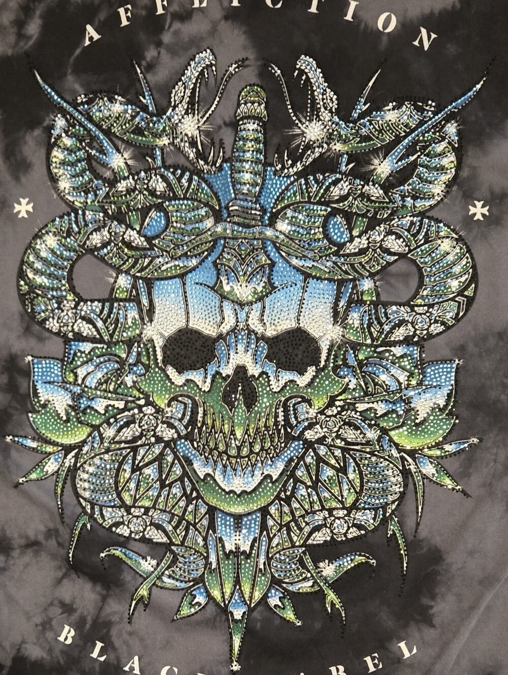 Affliction Black Graphic Tee with Blue & Green Rhinestone Skull
